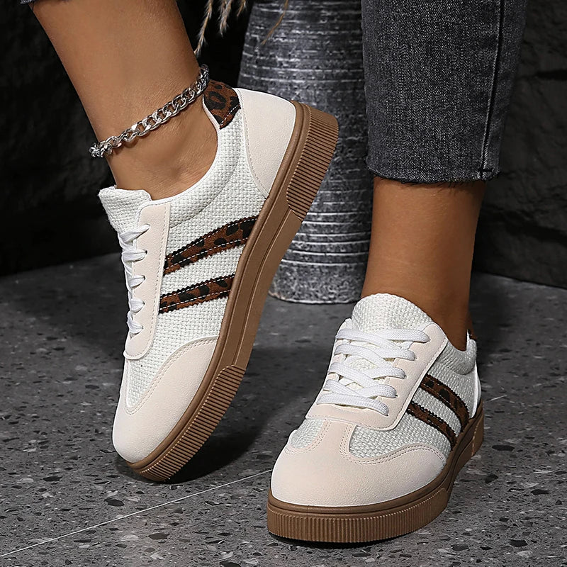 Fashion Leopard Print Platform Sneakers for Women 2026 Spring Lace Up Casual Sport Shoes Woman Non Slip Ladies Flat Heels Shoes